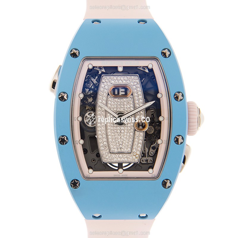 Richard Mille RM037WG-ATZ-B Blue Lady - Auto - Silver Dial - Pink Rubber Strap - Luxury Replica LADY SERIES Watch